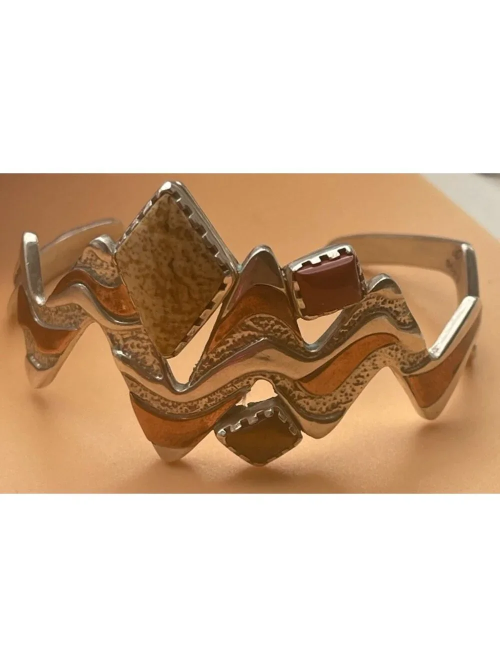 Carolyn Pollack 925 Sterling Copper Lightning River Jasper Coral Cuff Bracelet